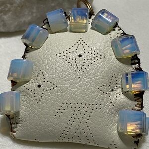White Leather Keychain with Opalescent Beads